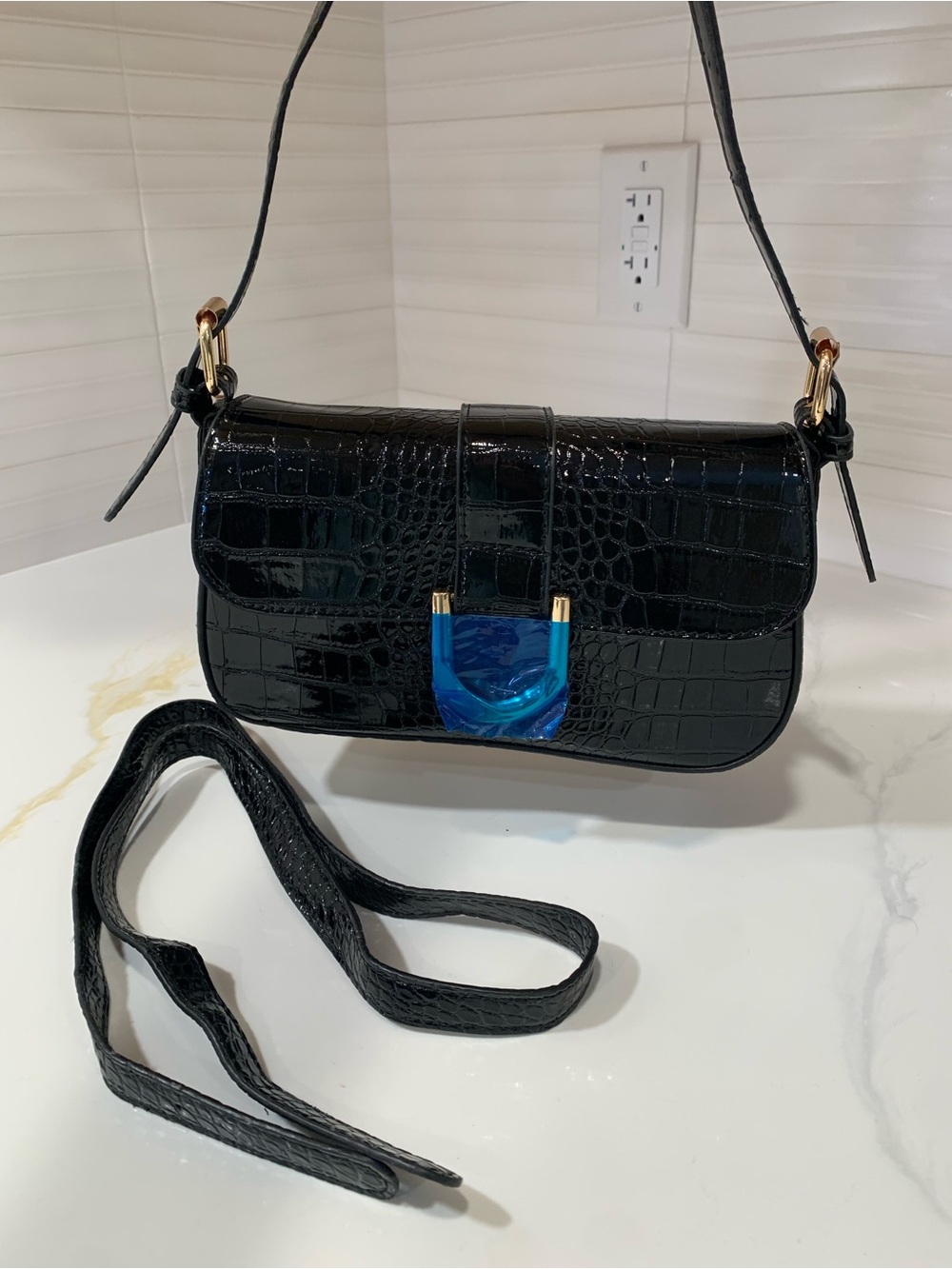 Black Croc-Embossed Shoulder Bag with Blue Accent Hardware